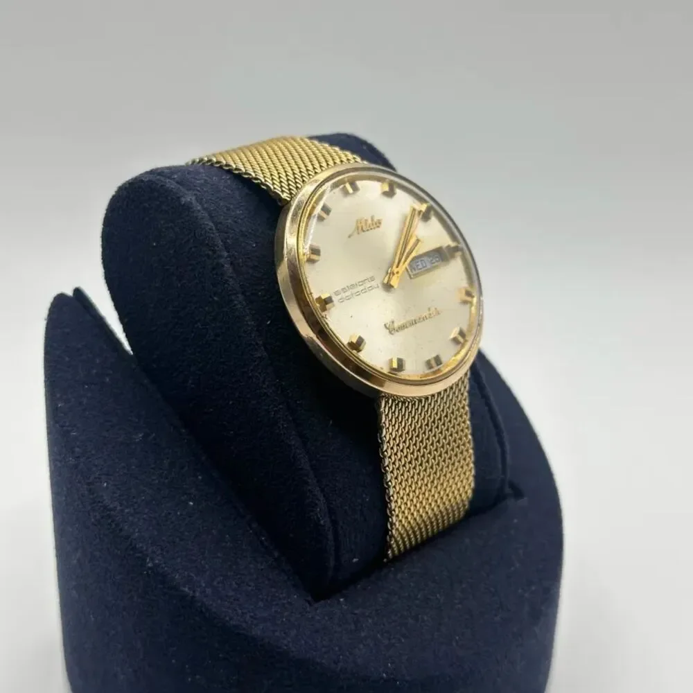 Vintage Mido Commander Estelaris Datoday Gold Tone Mesh Bracelet Watch 0583
